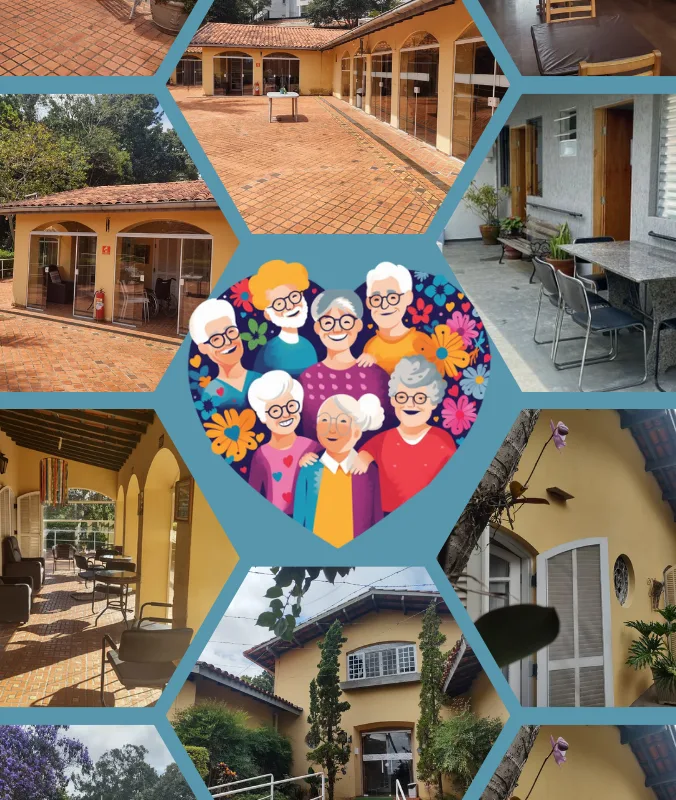 ista frontal de uma casa de repouso para idosos com arquitetura moderna e acessível.