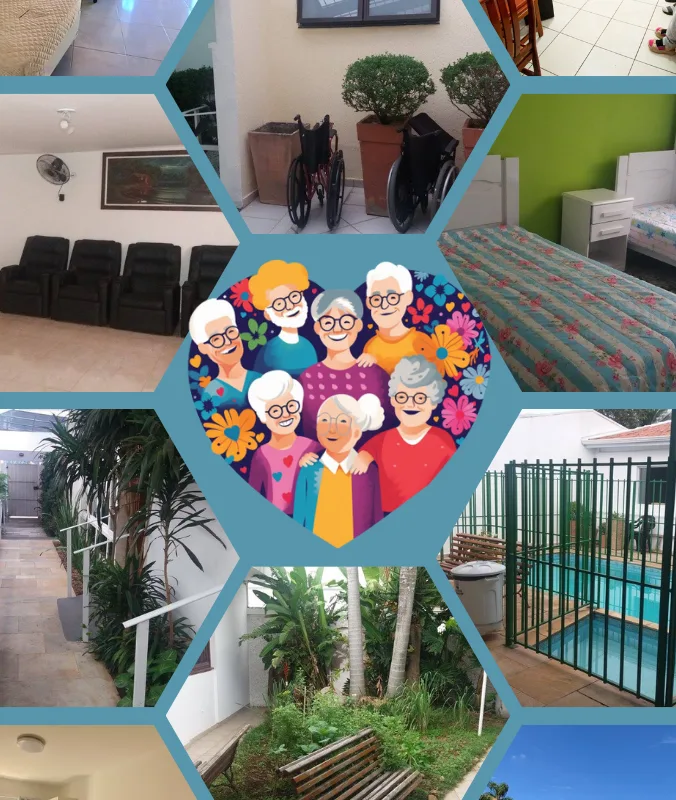 Sala de convivência de uma casa de repouso com idosos interagindo e ambiente decorado de forma aconchegante.