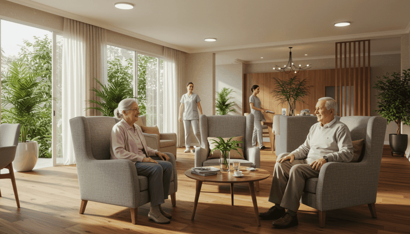 Imagem de um residencial de luxo para idosos em São Paulo, com um ambiente sofisticado e confortável. A sala de estar apresenta sofás elegantes, iluminação suave e uma lareira aconchegante, enquanto uma idosa sorri e toma chá acompanhada por uma cuidadora atenciosa. O local transmite sofisticação, acolhimento e cuidados personalizados