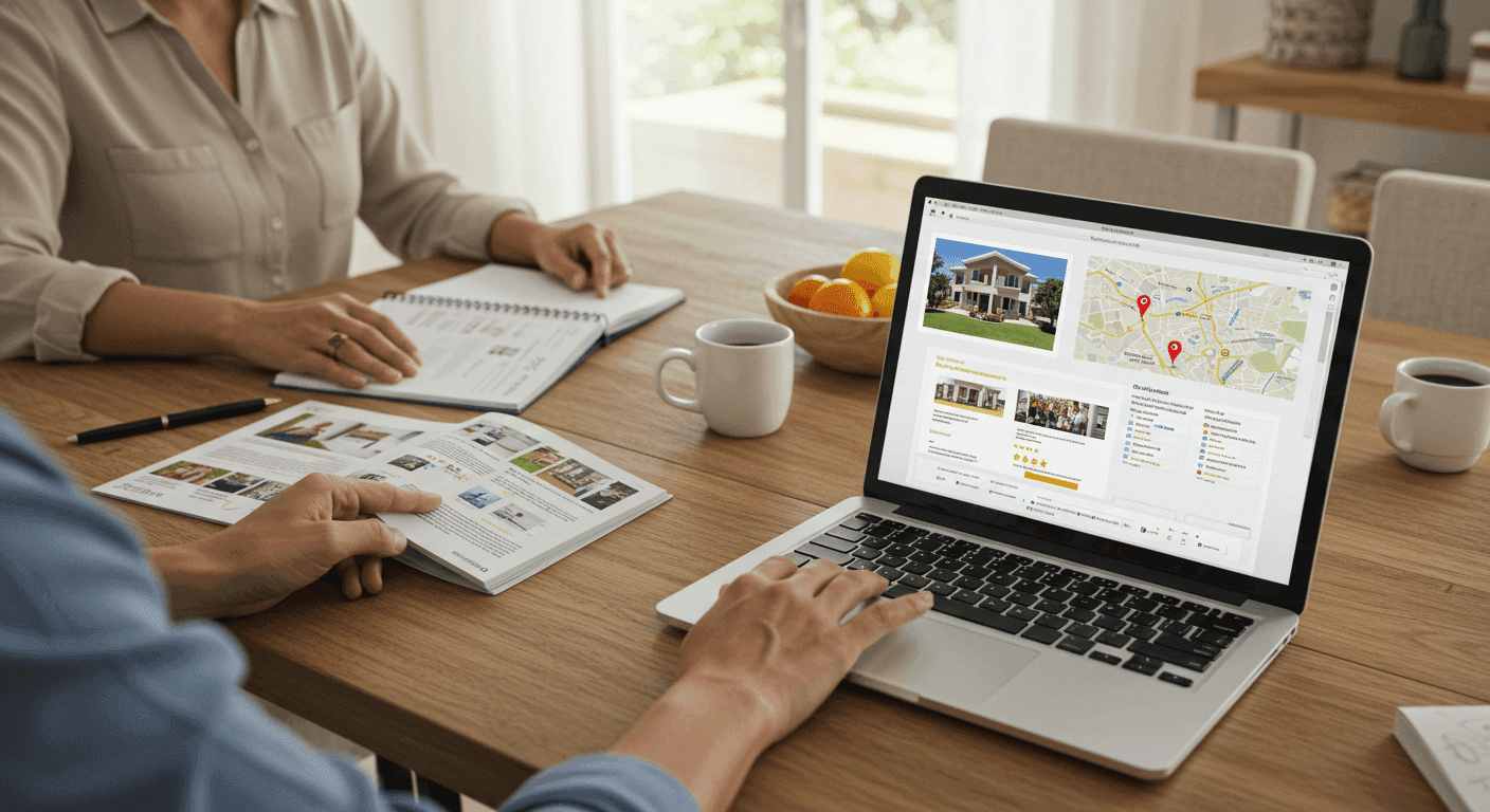 Imagem representando um guia completo sobre como encontrar uma casa de repouso em São Paulo. Uma família está sentada à mesa pesquisando em um laptop, que exibe uma lista de residências para idosos com avaliações, fotos e um mapa da cidade. Sobre a mesa há folhetos, um caderno e uma xícara de café, simbolizando planejamento cuidadoso. O fundo mostra um ambiente acolhedor e tranquilo, reforçando a ideia de conforto e cuidado.