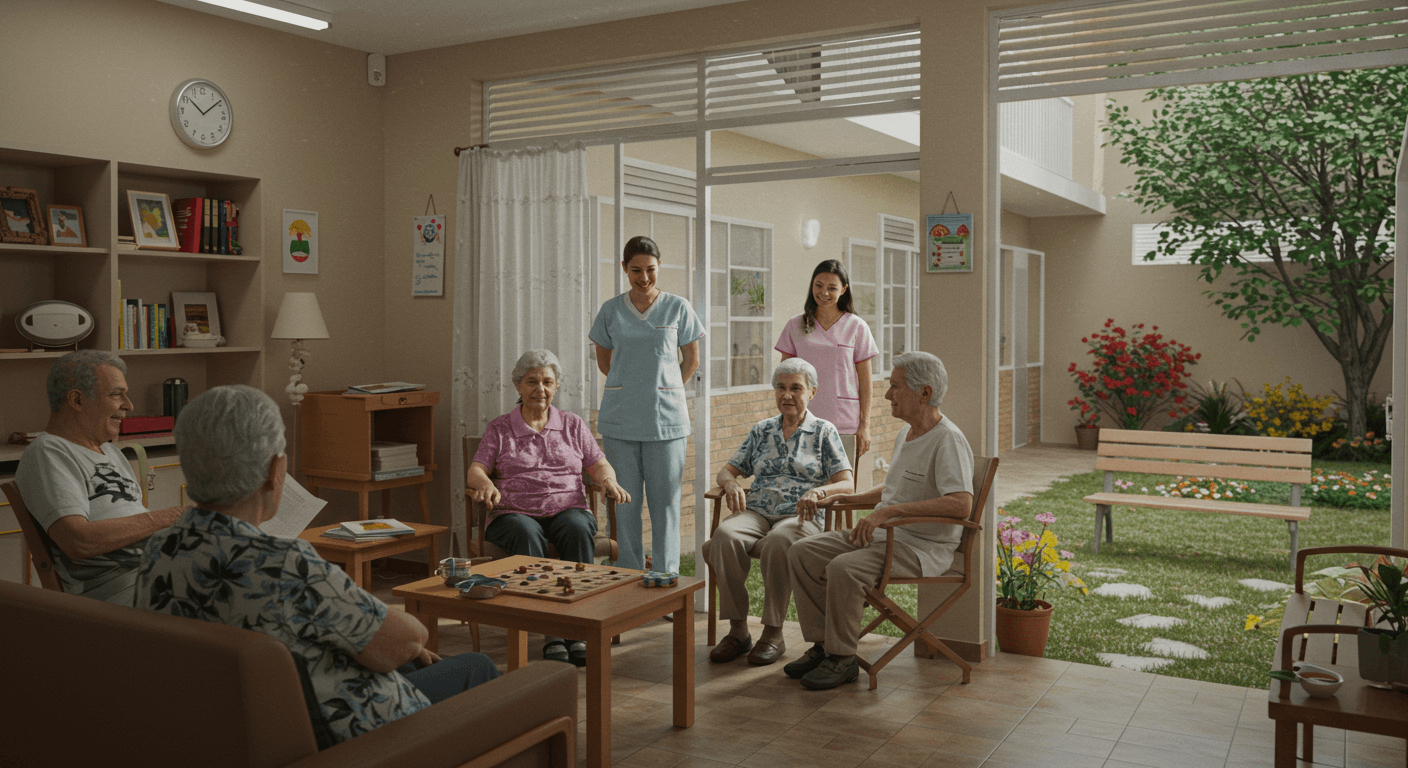Idosos felizes em uma casa de repouso acolhedora em São Paulo, interagindo em um ambiente tranquilo, com decoração simples e aconchegante, simbolizando cuidado acessível e de qualidade.