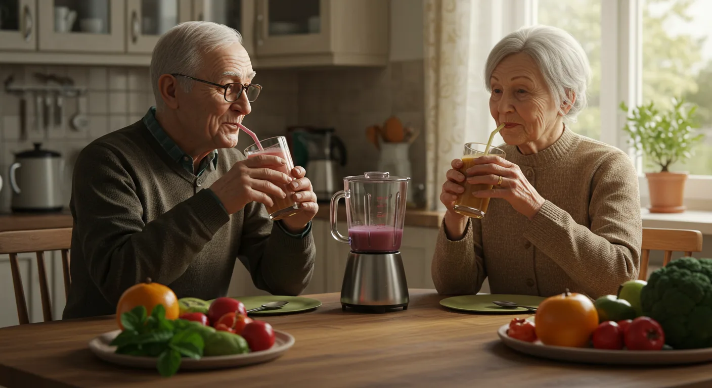 casal idoso sentado em uma mesa de cozinha aconchegante, apreciando smoothies nutritivos e coloridos em copos transparentes. A luz natural quente entra suavemente pela janela, criando uma atmosfera acolhedora e confortável. A mesa está decorada com frutas frescas, vegetais e um liquidificador, simbolizando uma nutrição líquida saudável e equilibrada. O casal sorri calorosamente, compartilhando um momento de conexão e cuidado. A cena destaca calor, saúde e união.