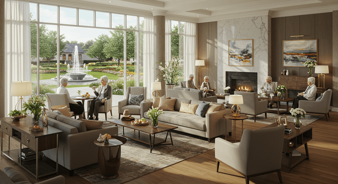 representação hiper-realista de uma casa de repouso luxuosa com grandes janelas de vidro do chão ao teto, oferecendo uma vista para um jardim paisagístico com fontes e caminhos. O interior apresenta móveis elegantes, iluminação ambiente aconchegante e uma decoração refinada, com residentes desfrutando de atividades como conversar, ler e tomar chá ao lado de uma lareira. A cena transmite conforto, sofisticação e um ambiente sere