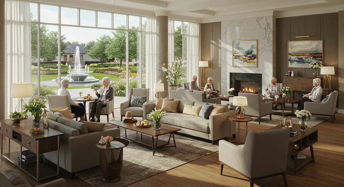 representação hiper-realista de uma casa de repouso luxuosa com grandes janelas de vidro do chão ao teto, oferecendo uma vista para um jardim paisagístico com fontes e caminhos. O interior apresenta móveis elegantes, iluminação ambiente aconchegante e uma decoração refinada, com residentes desfrutando de atividades como conversar, ler e tomar chá ao lado de uma lareira. A cena transmite conforto, sofisticação e um ambiente sere