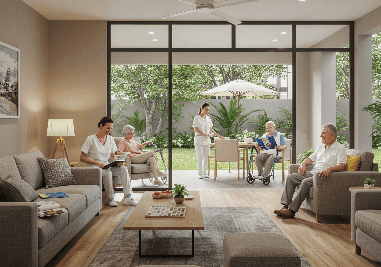 Imagem de uma casa de repouso em São Paulo especializada no cuidado de idosos, com uma sala de estar aconchegante, móveis modernos e iluminação suave. Um grupo de idosos participa de atividades como leitura e jogos, enquanto cuidadores atenciosos oferecem suporte. Ao fundo, janelas grandes mostram um jardim verde e tranquilo, reforçando o ambiente acolhedor e profissional.