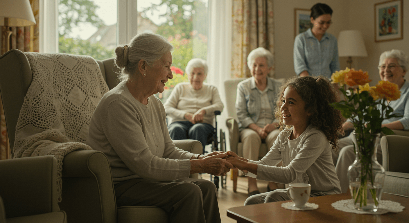 A importância dos horários de visitas em casas de repouso: uma cena emocionante que destaca o vínculo entre gerações, promovendo o bem-estar dos idosos em um ambiente acolhedor e iluminado. Descubra como esses momentos reforçam conexões e proporcionam alegria aos residentes.