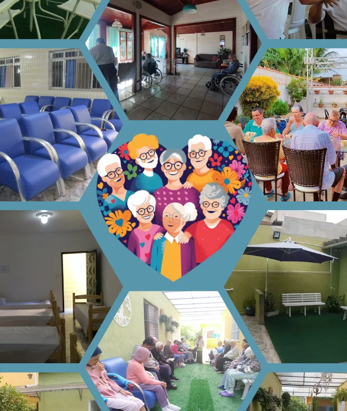 Área externa de uma casa de repouso para idosos com jardim bem cuidado e ambiente acolhedor.