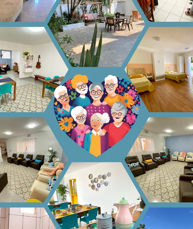 Equipe de cuidadores ajudando idosos em uma casa de repouso com atenção e carinho.